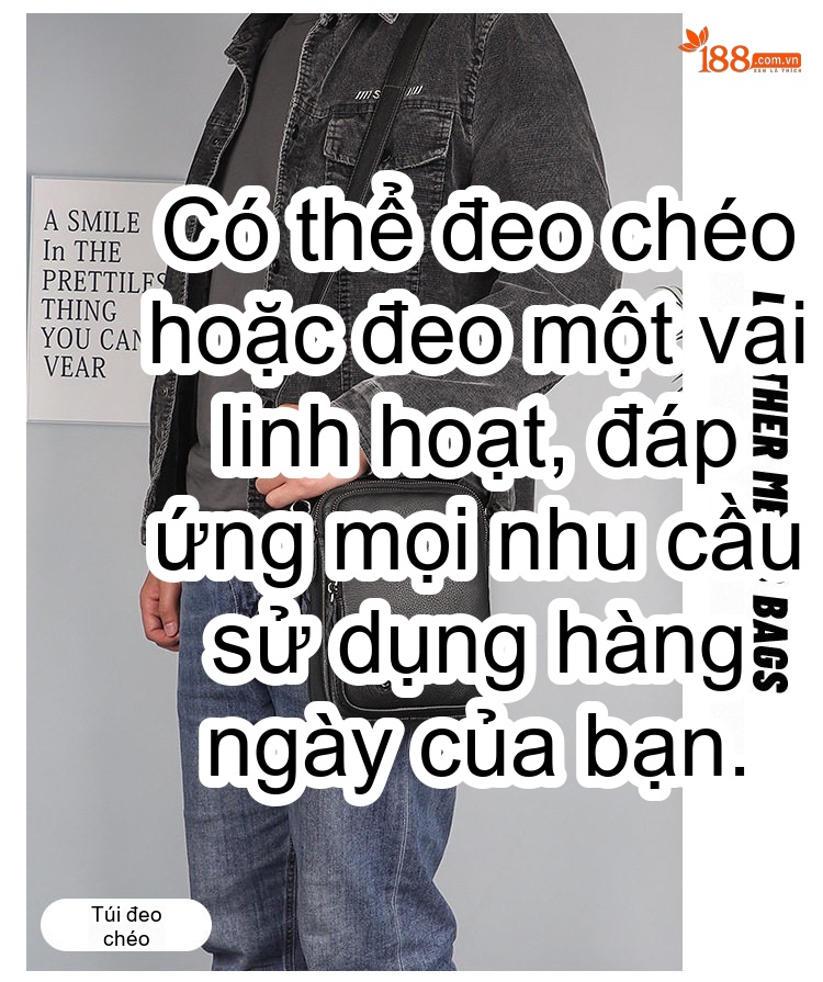 Túi Đeo Chéo Nam Da Thật Kiểu Dáng Vuông Lớn Tiện Lợi Màu Đen chi tiết 3