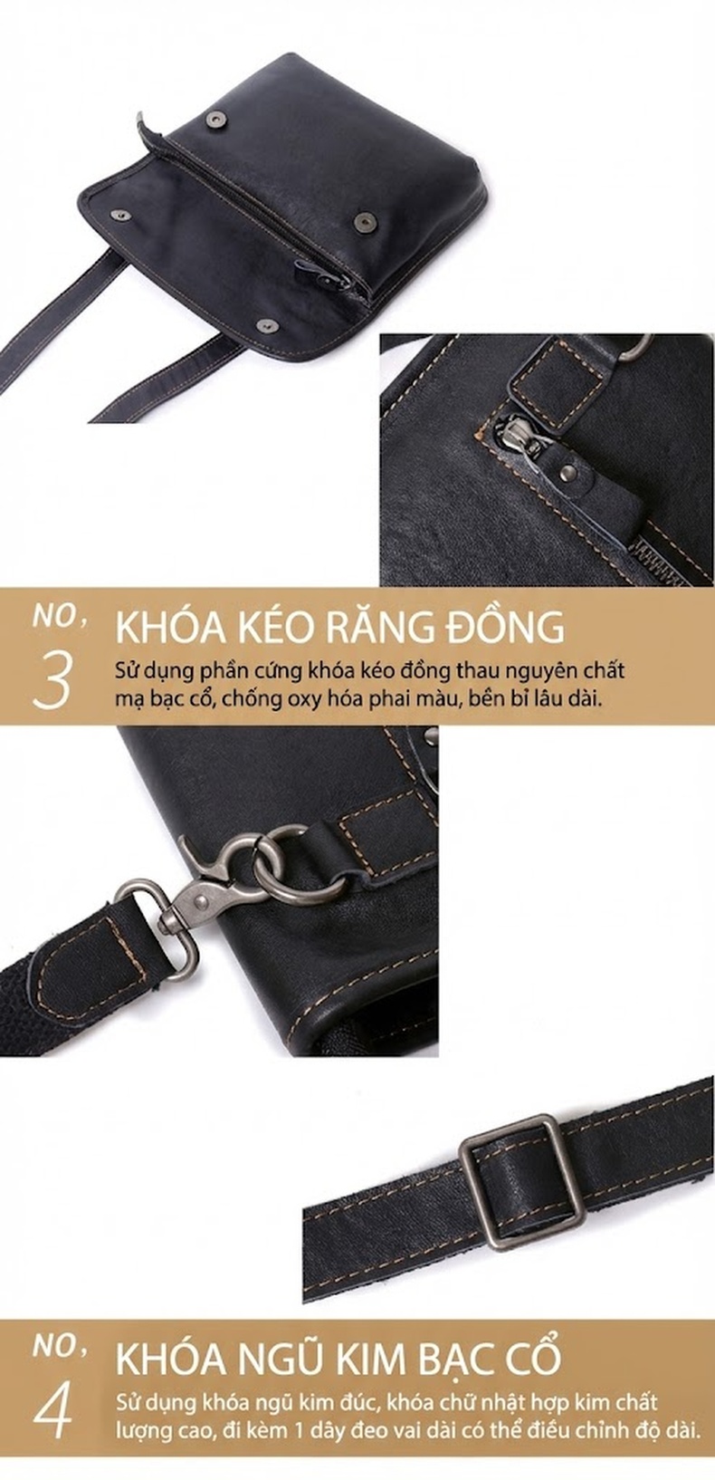 Túi Đeo Chéo Nam Da Thật Kiểu Ngang Họa Tiết Hổ Đầu Màu Đen chi tiết 16