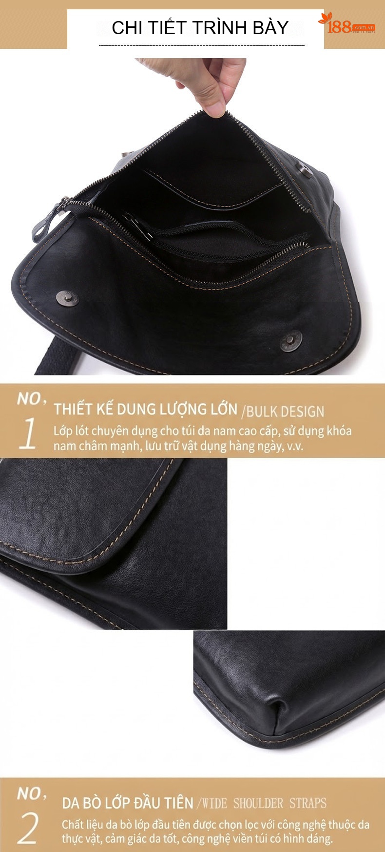 Túi Đeo Chéo Nam Da Thật Kiểu Ngang Họa Tiết Hổ Đầu Màu Đen chi tiết 15