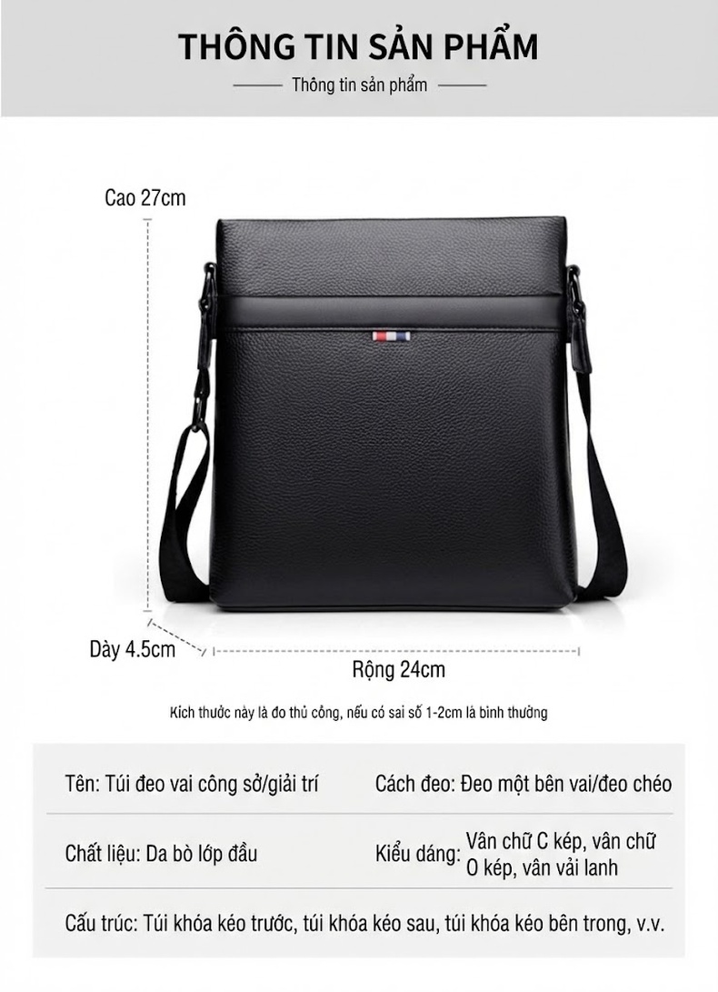 Túi Đeo Chéo Nam Da Thật Mềm Mại Kiểu Dáng Bổng Bềnh Thời Trang Công Sở Màu Đen chi tiết 11