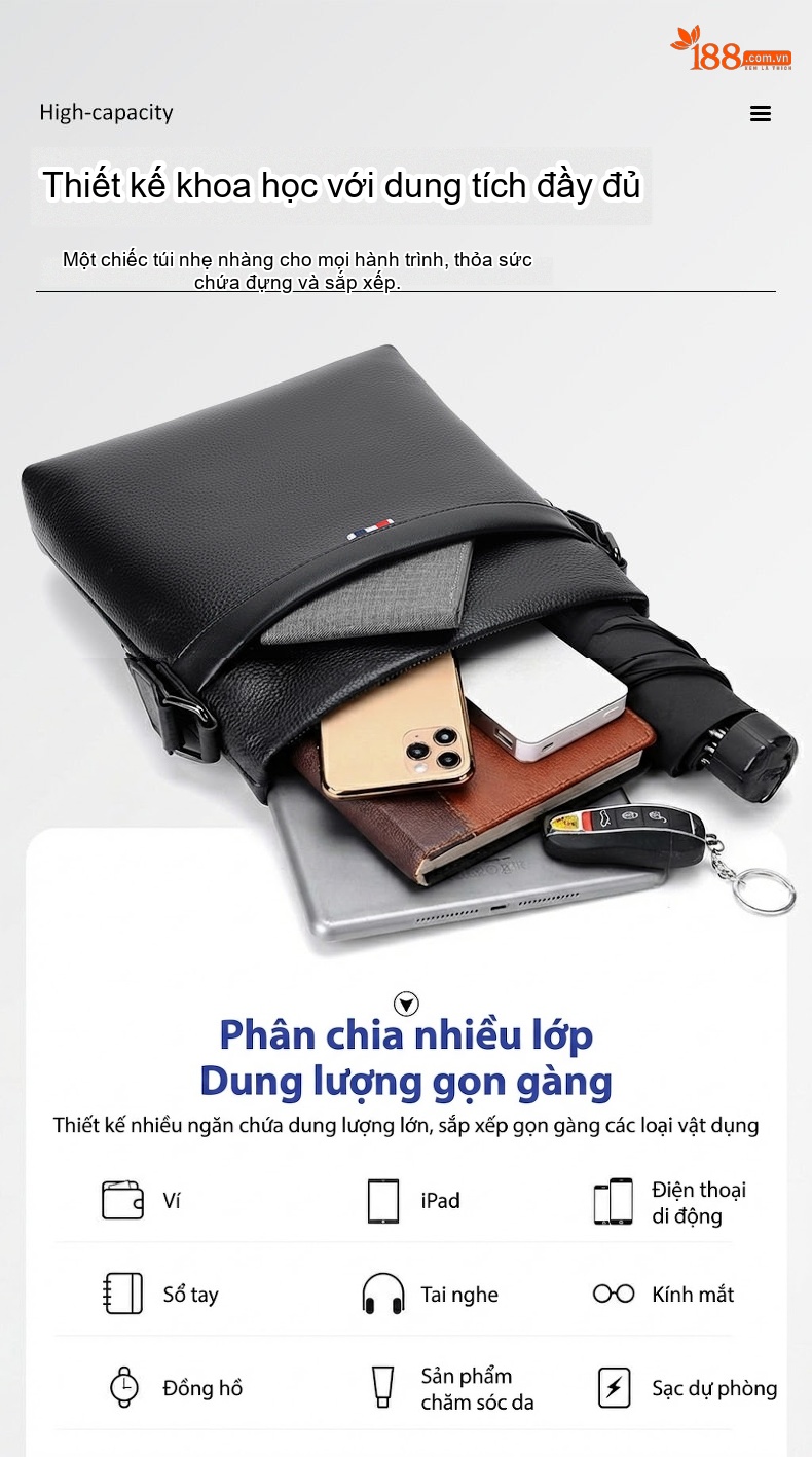 Túi Đeo Chéo Nam Da Thật Mềm Mại Kiểu Dáng Bổng Bềnh Thời Trang Công Sở Màu Đen chi tiết 7