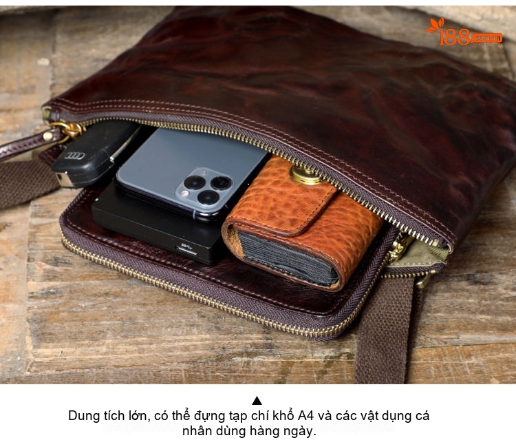 Túi Đeo Chéo Nam Da Thật Mini Nhỏ Gọn Đa Năng Phong Cách Ins Màu Nâu Đen chi tiết 3