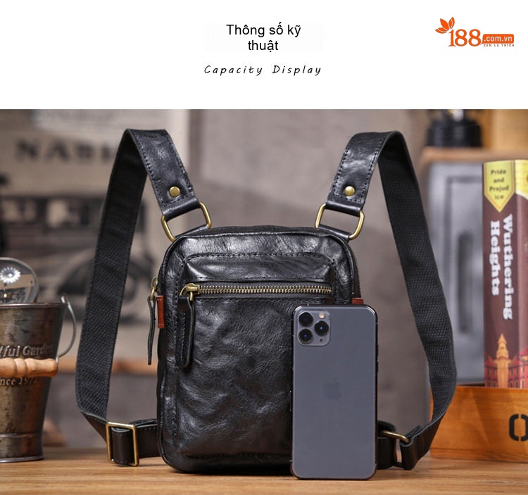 Túi Đeo Chéo Nam Da Thật Nhỏ Gọn Phong Cách Vintage Màu Đen chi tiết 10