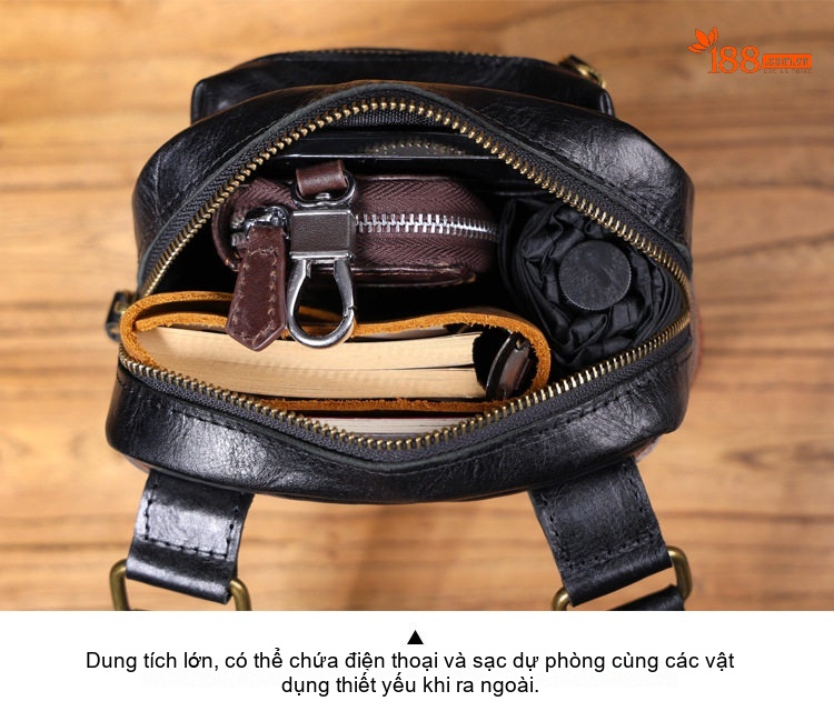 Túi Đeo Chéo Nam Da Thật Nhỏ Gọn Phong Cách Vintage Màu Đen chi tiết 12