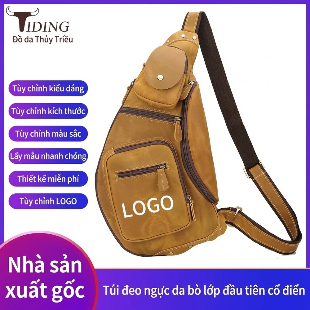Túi Đeo Chéo Nam Da Thật Phong Cách Âu Mỹ Retro Dung Tích Lớn Màu Vàng Bò
