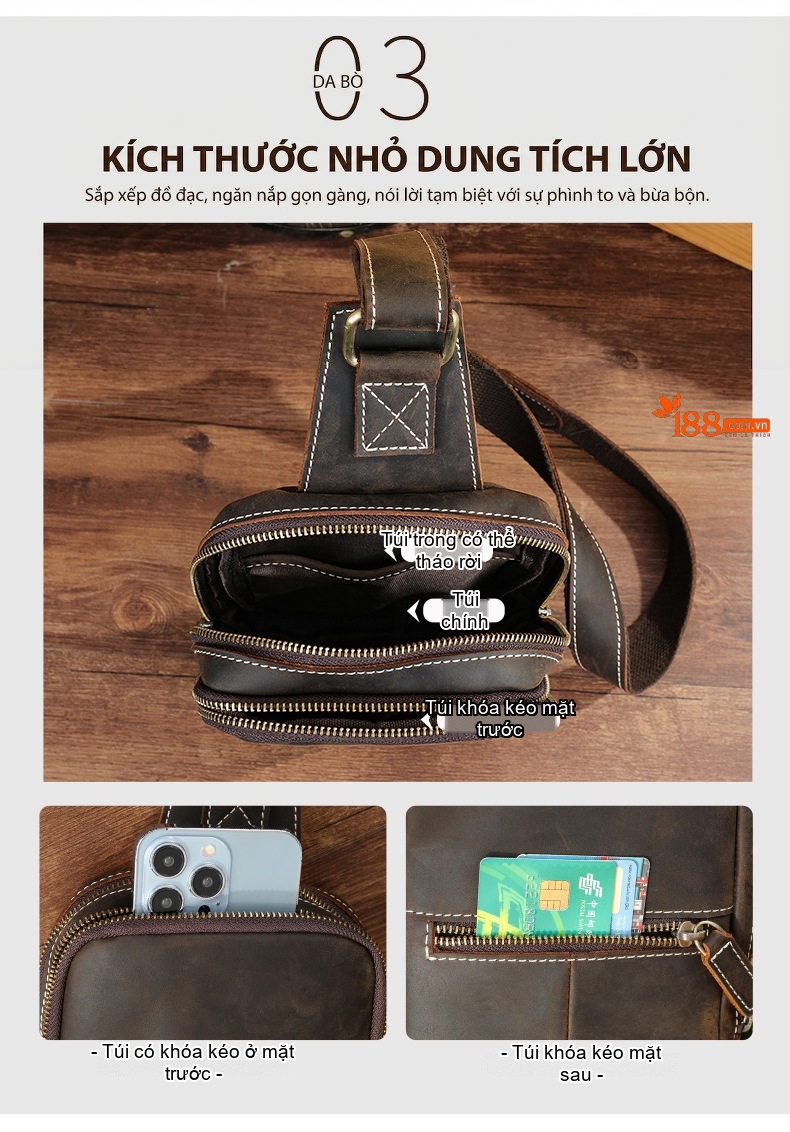 Túi Đeo Chéo Nam Da Thật Phong Cách Casual, Đựng Ipad, Khóa Nam Châm Màu Nâu chi tiết 5