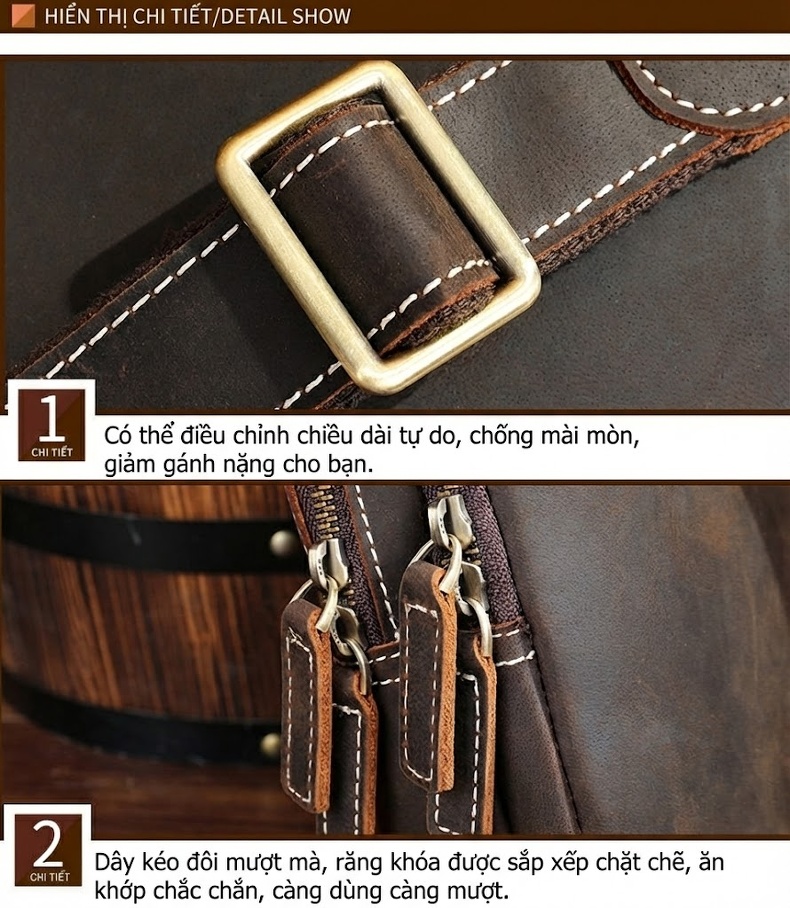 Túi Đeo Chéo Nam Da Thật Phong Cách Casual, Đựng Ipad, Khóa Nam Châm Màu Nâu chi tiết 15