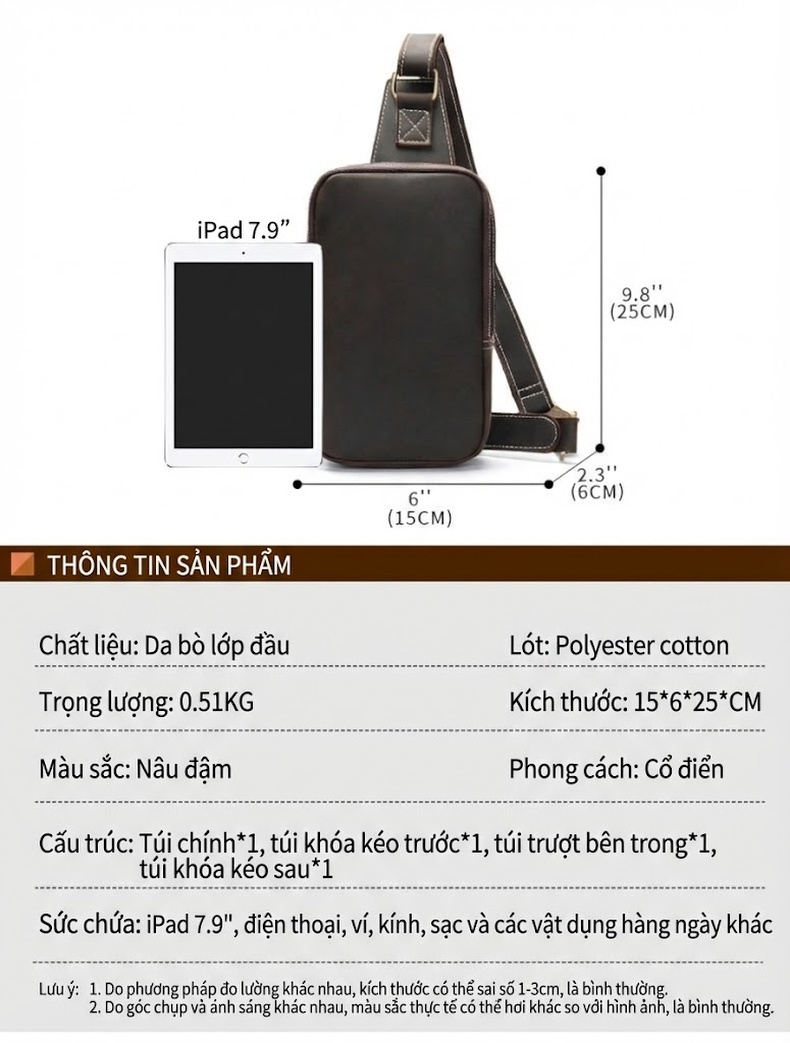 Túi Đeo Chéo Nam Da Thật Phong Cách Casual, Đựng Ipad, Khóa Nam Châm Màu Nâu chi tiết 2