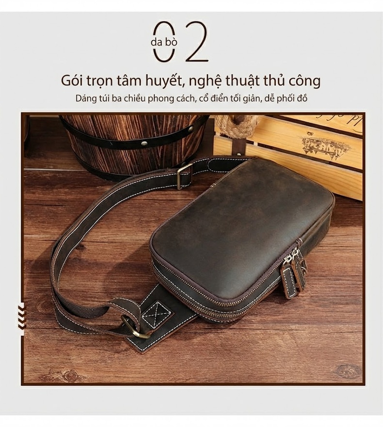 Túi Đeo Chéo Nam Da Thật Phong Cách Casual, Đựng Ipad, Khóa Nam Châm Màu Nâu chi tiết 4