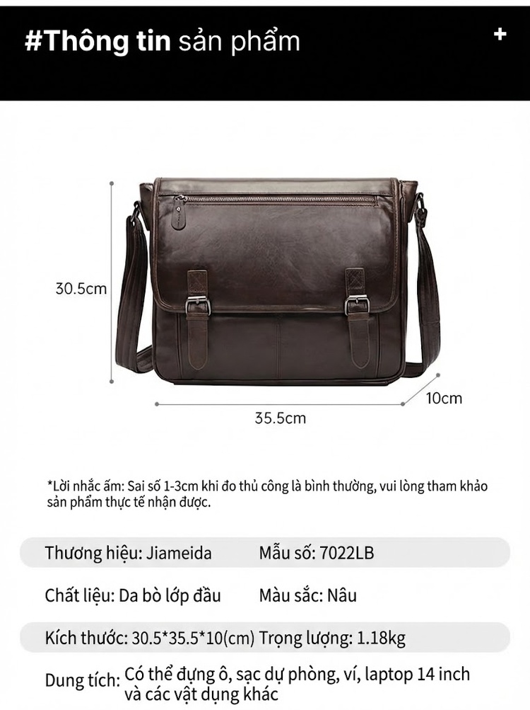 Túi Đeo Chéo Nam Da Thật Phong Cách Cổ Điển, Đựng Laptop, Sức Chứa Lớn Màu Nâu chi tiết 9