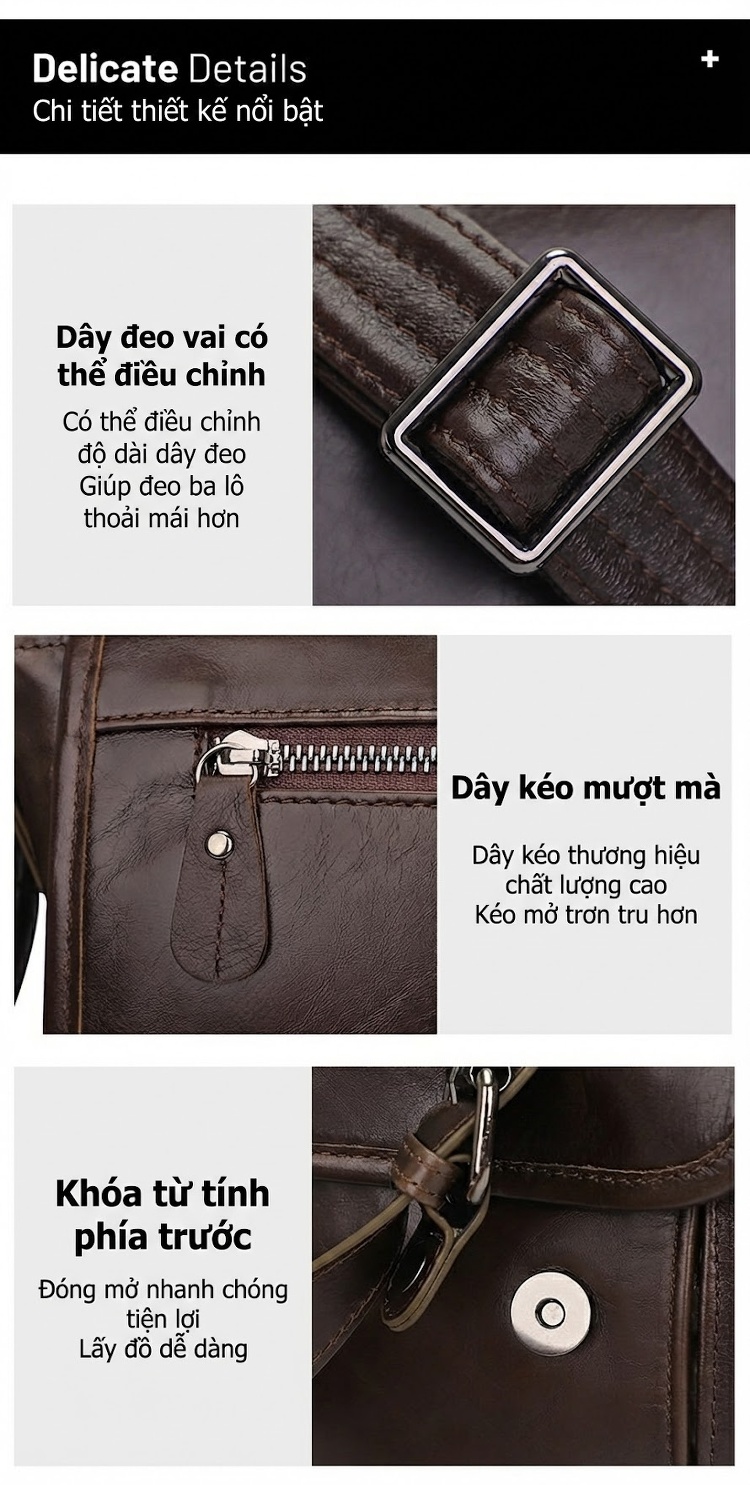 Túi Đeo Chéo Nam Da Thật Phong Cách Cổ Điển, Đựng Laptop, Sức Chứa Lớn Màu Nâu chi tiết 4