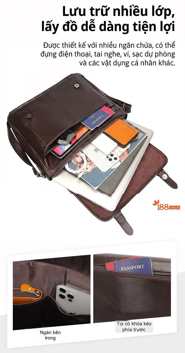 Túi Đeo Chéo Nam Da Thật Phong Cách Cổ Điển, Đựng Laptop, Sức Chứa Lớn Màu Nâu chi tiết 6