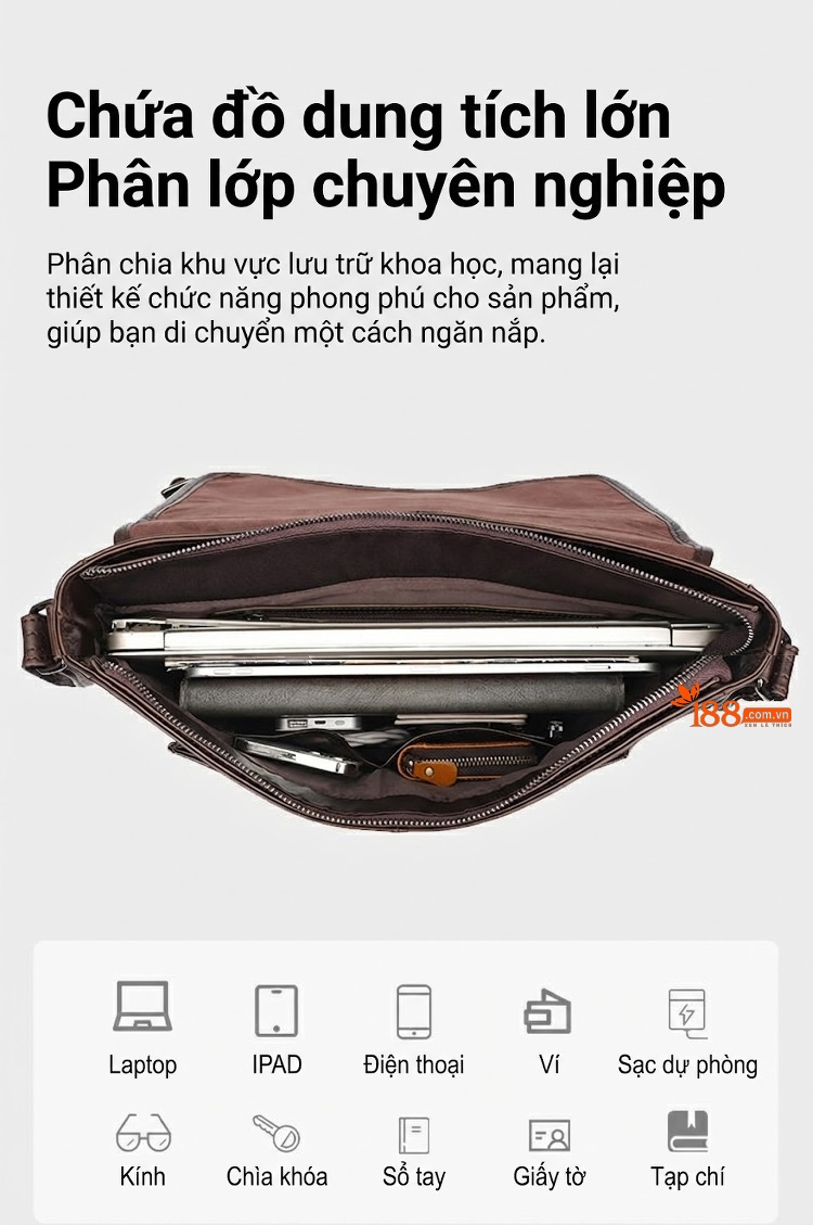 Túi Đeo Chéo Nam Da Thật Phong Cách Cổ Điển, Đựng Laptop, Sức Chứa Lớn Màu Nâu chi tiết 7