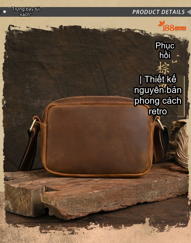 Túi Đeo Chéo Nam Da Thật Phong Cách Retro Đựng Điện Thoại Màu Nâu chi tiết 6
