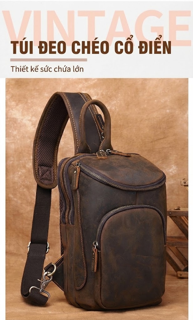 Túi Đeo Chéo Nam Da Thật Phong Cách Retro Đựng Điện Thoại Màu Nâu Vàng chi tiết 3
