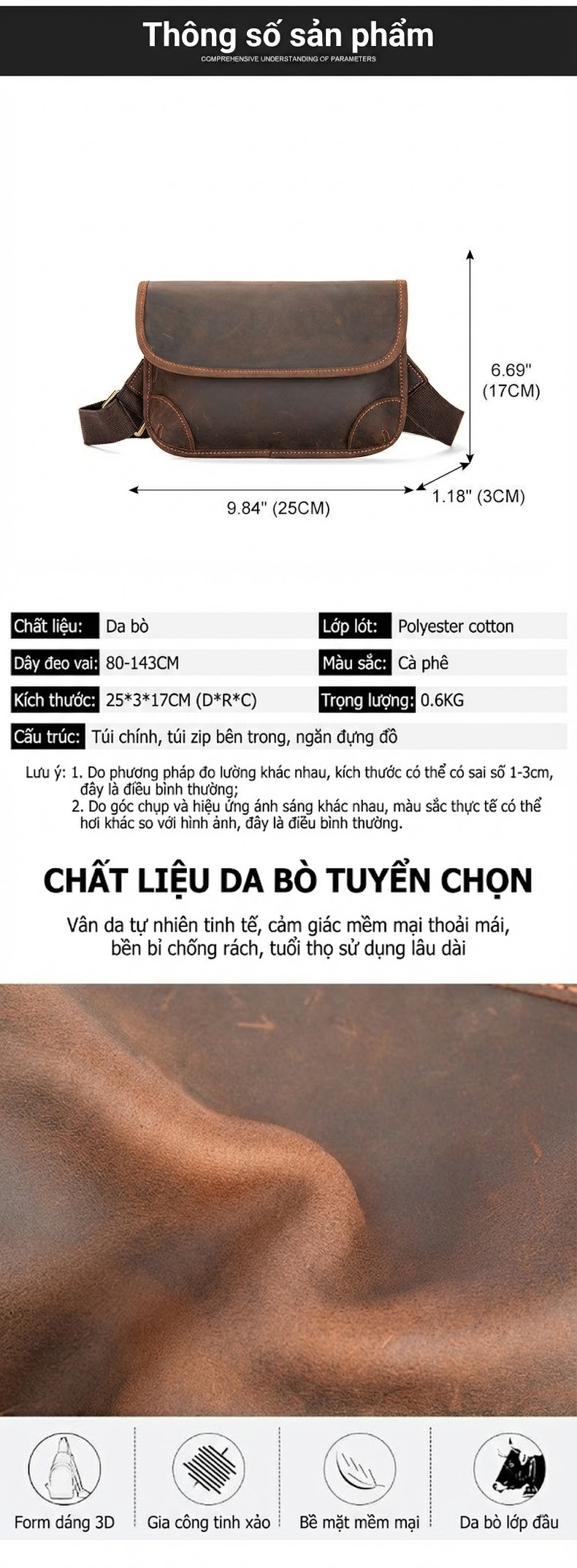 Túi Đeo Chéo Nam Da Thật Phong Cách Vintage, Túi Đựng Ipad, Túi Messenger Da Bò Màu Nâu chi tiết 2