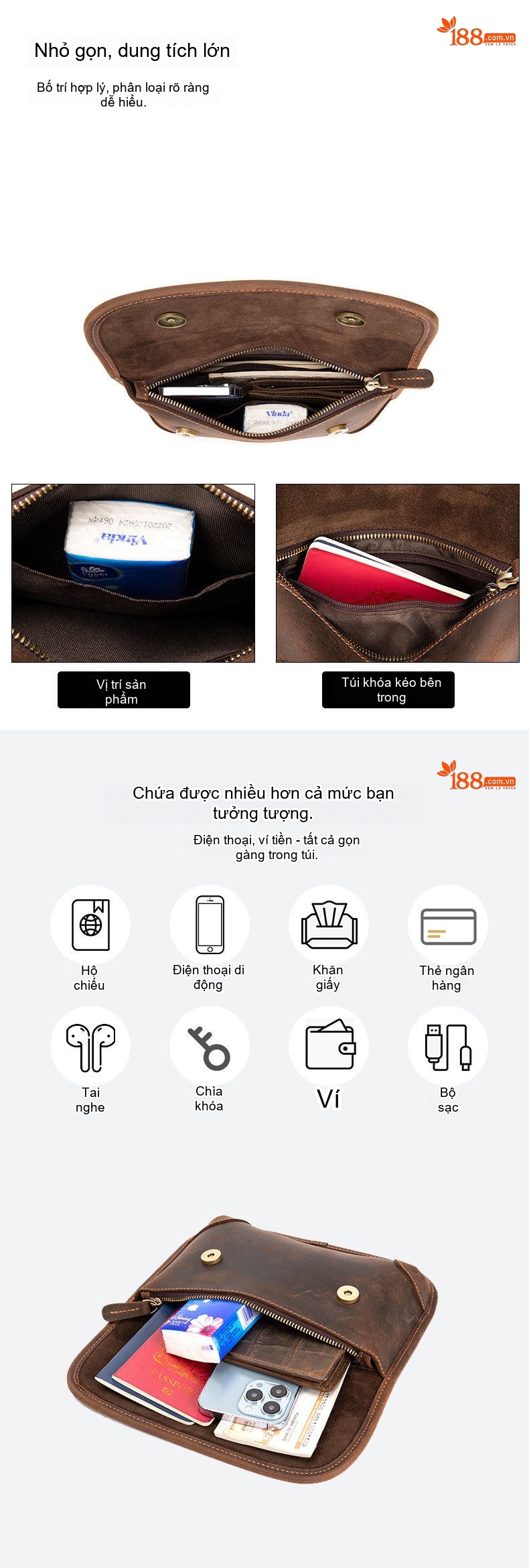 Túi Đeo Chéo Nam Da Thật Phong Cách Vintage, Túi Đựng Ipad, Túi Messenger Da Bò Màu Nâu chi tiết 3