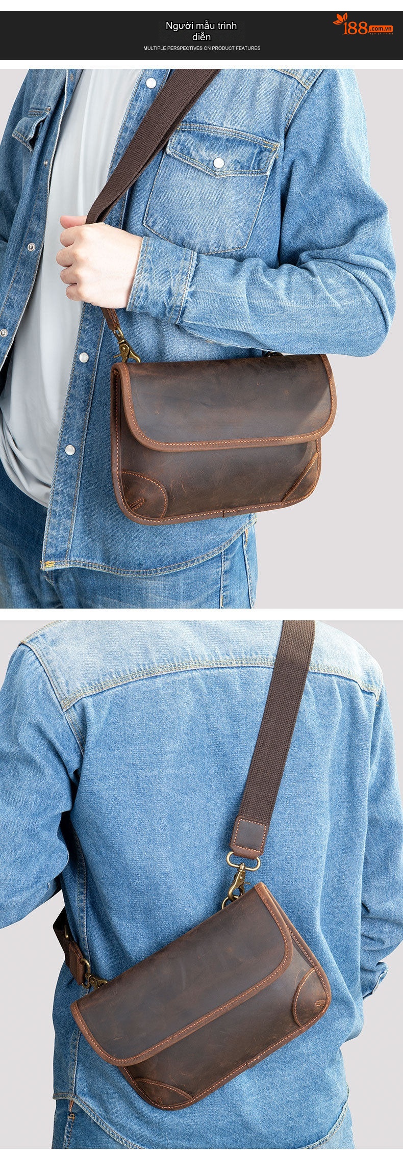 Túi Đeo Chéo Nam Da Thật Phong Cách Vintage, Túi Đựng Ipad, Túi Messenger Da Bò Màu Nâu chi tiết 4