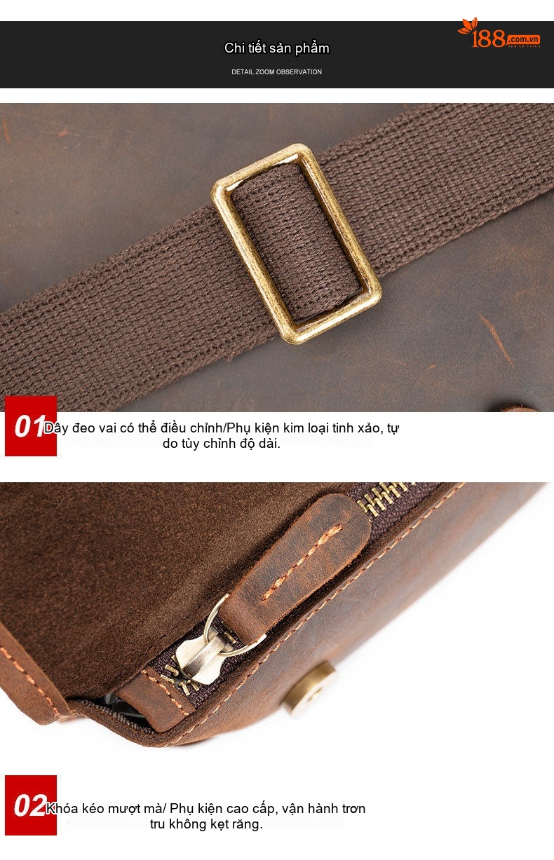 Túi Đeo Chéo Nam Da Thật Phong Cách Vintage, Túi Đựng Ipad, Túi Messenger Da Bò Màu Nâu chi tiết 16