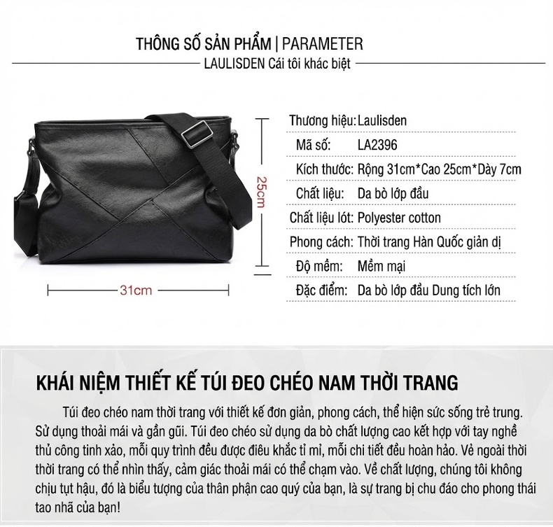 Túi đeo chéo nam da thật sức chứa lớn phong cách thể thao chi tiết 2