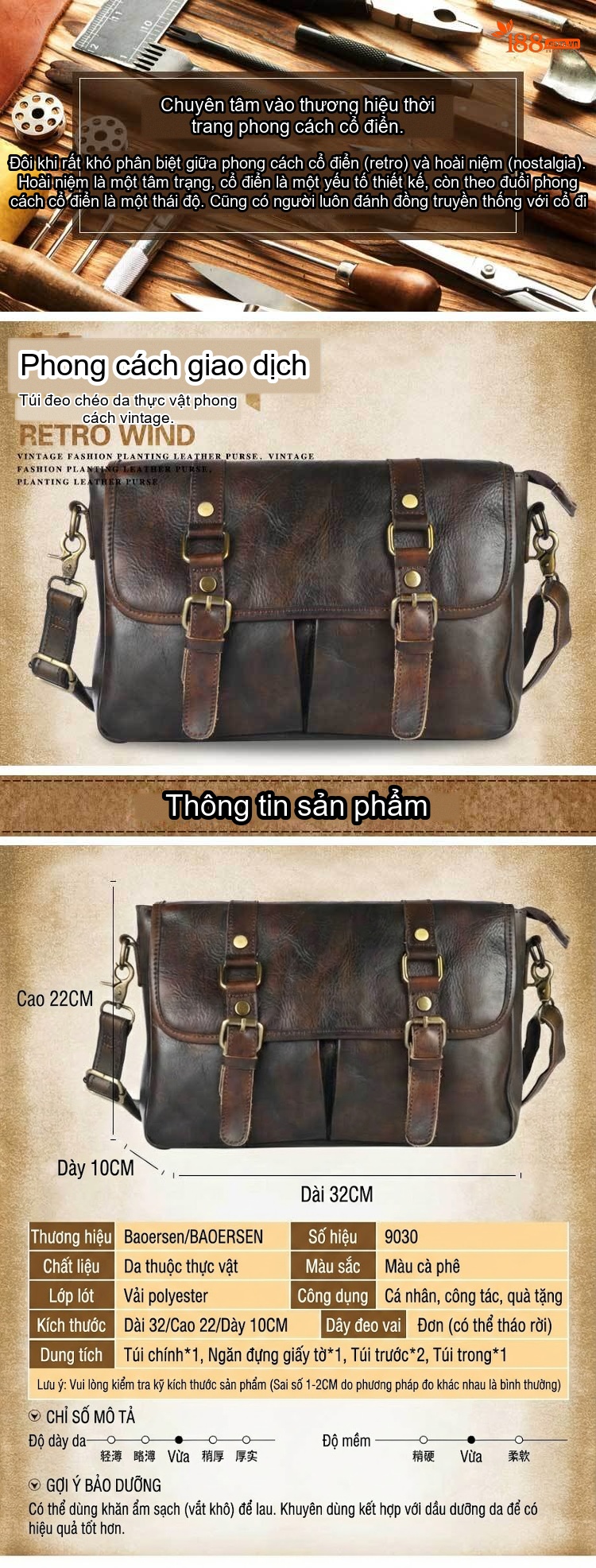 Túi Đeo Chéo Nam Da Thật Thủ Công Hai Ngăn Phong Cách Retro Màu Nâu Đậm chi tiết 1