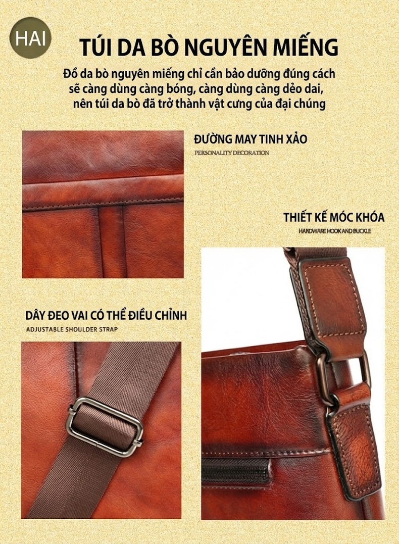 Túi Đeo Chéo Nam Da Thật Thủ Công Màu Nâu, Đen chi tiết 4