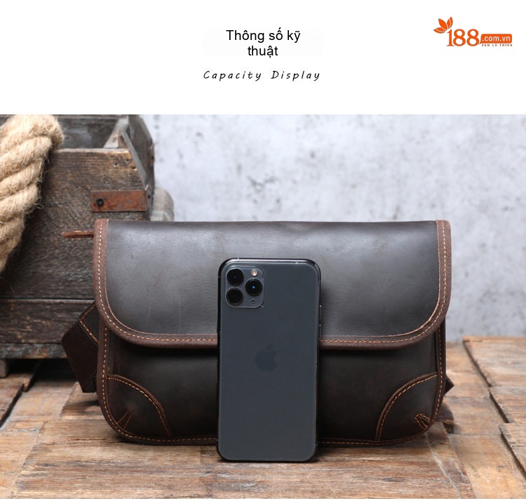 Túi Đeo Chéo Nam Da Thật Thủ Công Phong Cách Retro Màu Nâu Đậm chi tiết 12