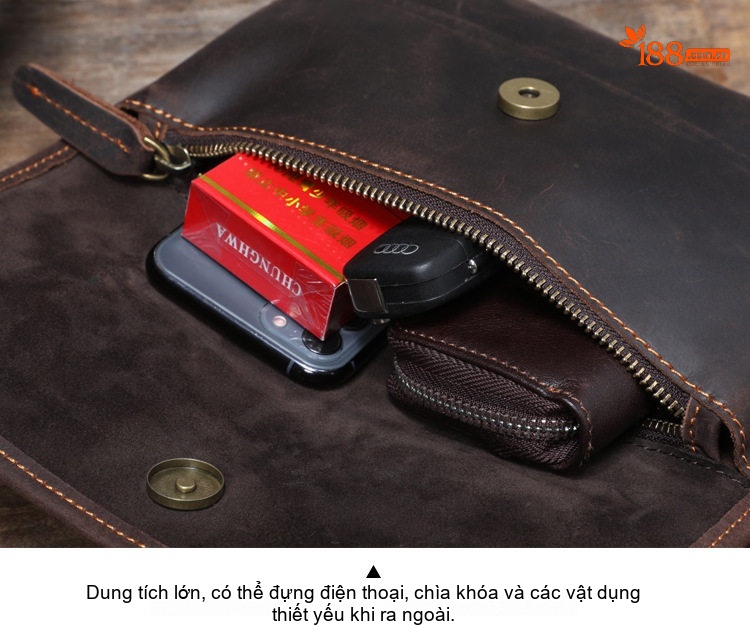 Túi Đeo Chéo Nam Da Thật Thủ Công Phong Cách Retro Màu Nâu Đậm chi tiết 14