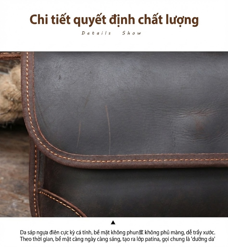Túi Đeo Chéo Nam Da Thật Thủ Công Phong Cách Retro Màu Nâu Đậm chi tiết 15