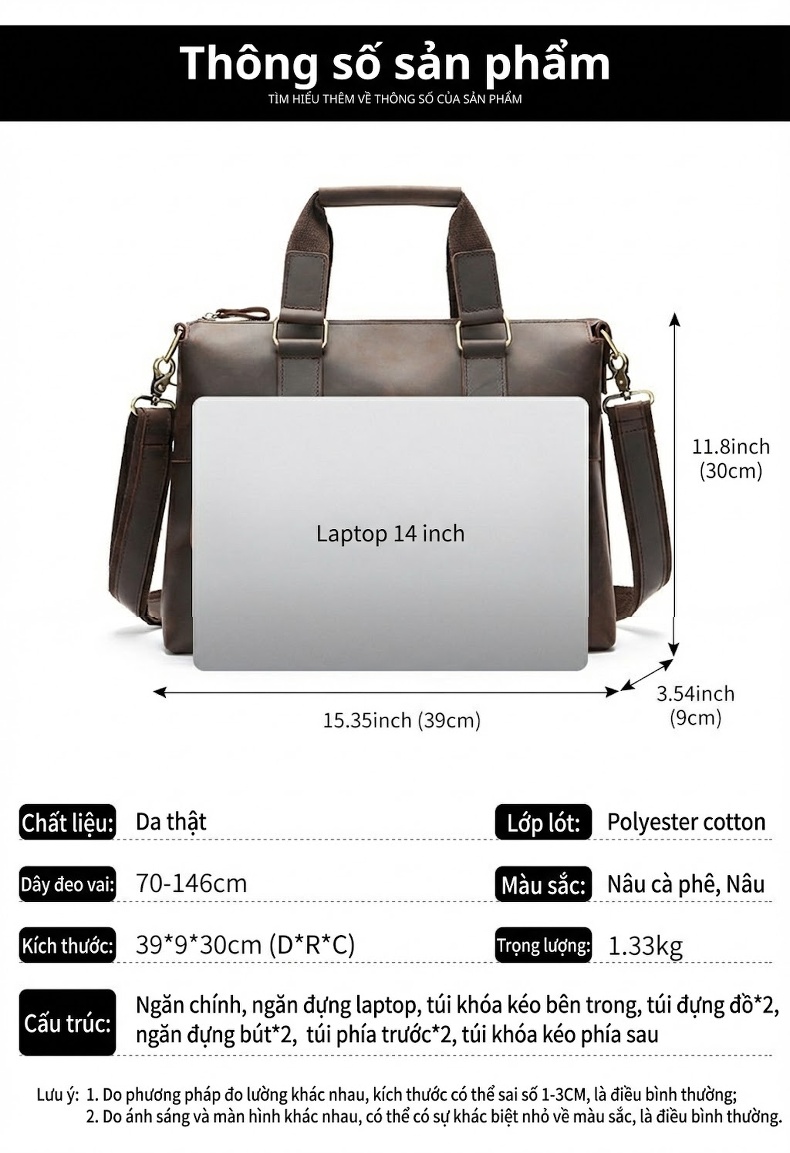 Túi Đeo Chéo Nam Da Thật, Túi Xách Tay Công Sở Laptop Dung Tích Lớn Màu Nâu Đậm, Nâu Vàng chi tiết 6