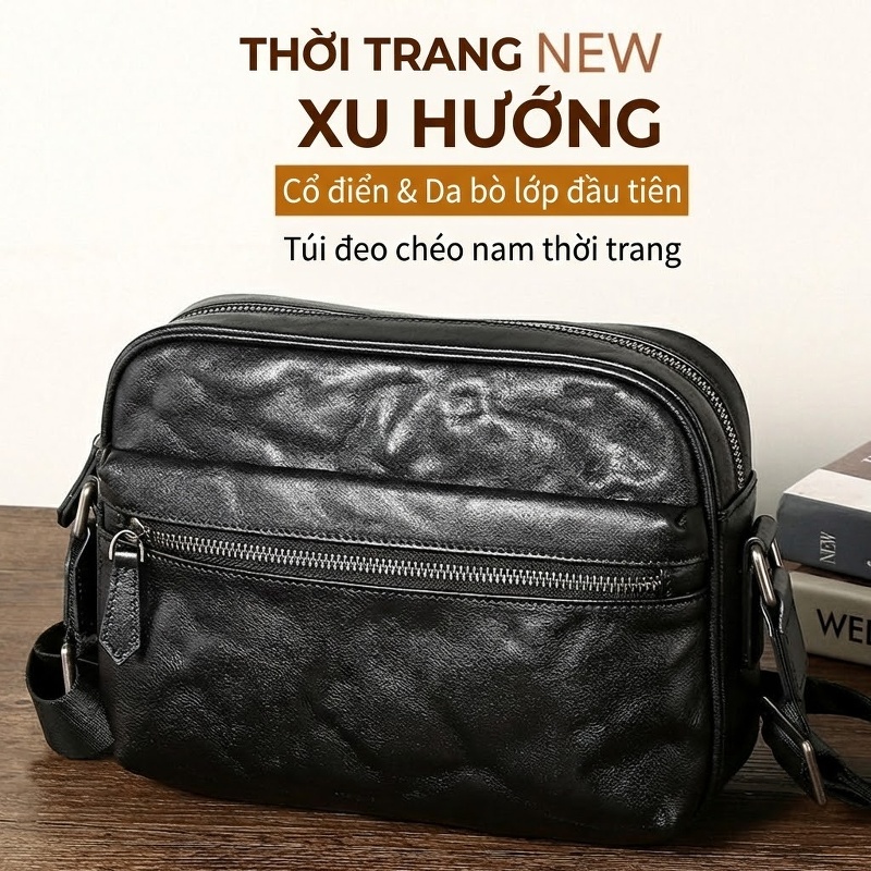 Túi Đeo Chéo Nam Da Thật Vân Tay Phong Cách Retro Màu Đen