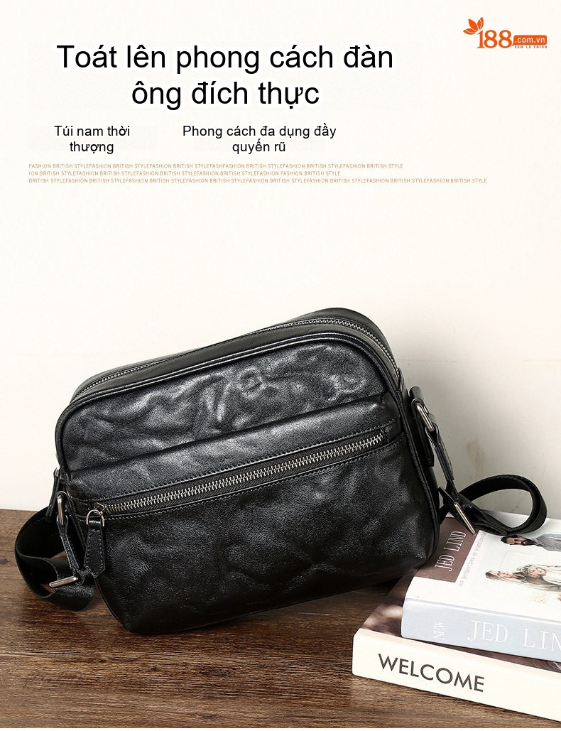 Túi Đeo Chéo Nam Da Thật Vân Tay Phong Cách Retro Màu Đen chi tiết 5