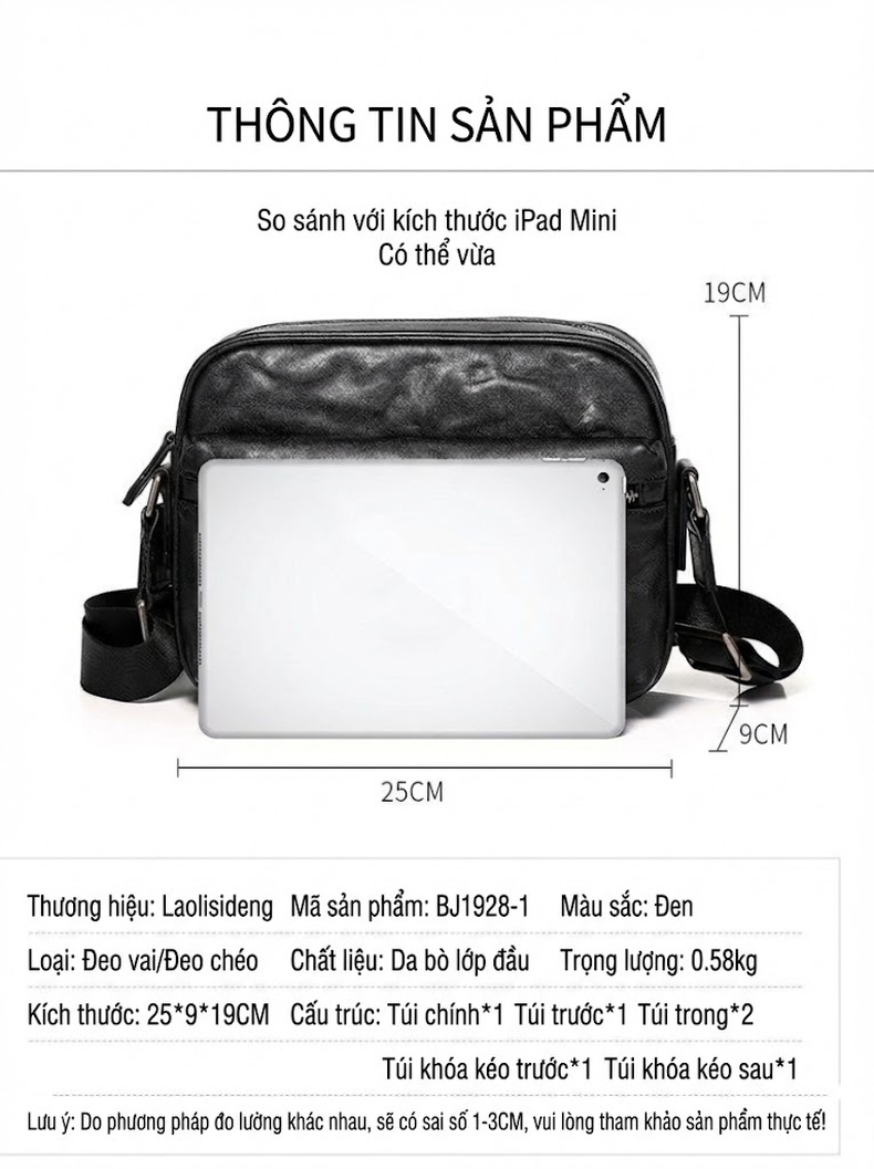 Túi Đeo Chéo Nam Da Thật Vân Tay Phong Cách Retro Màu Đen chi tiết 16