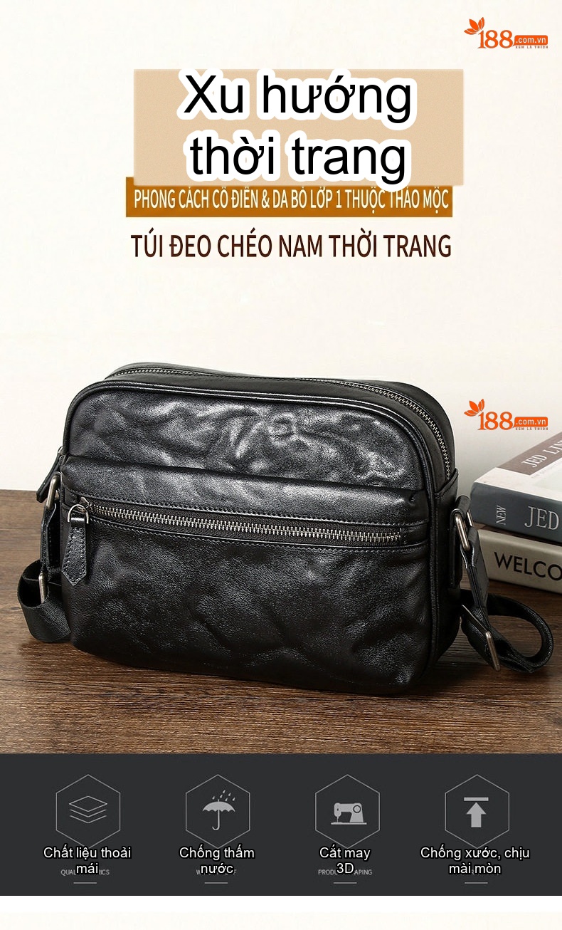 Túi Đeo Chéo Nam Da Thật Vân Tay Phong Cách Retro Màu Đen chi tiết 4