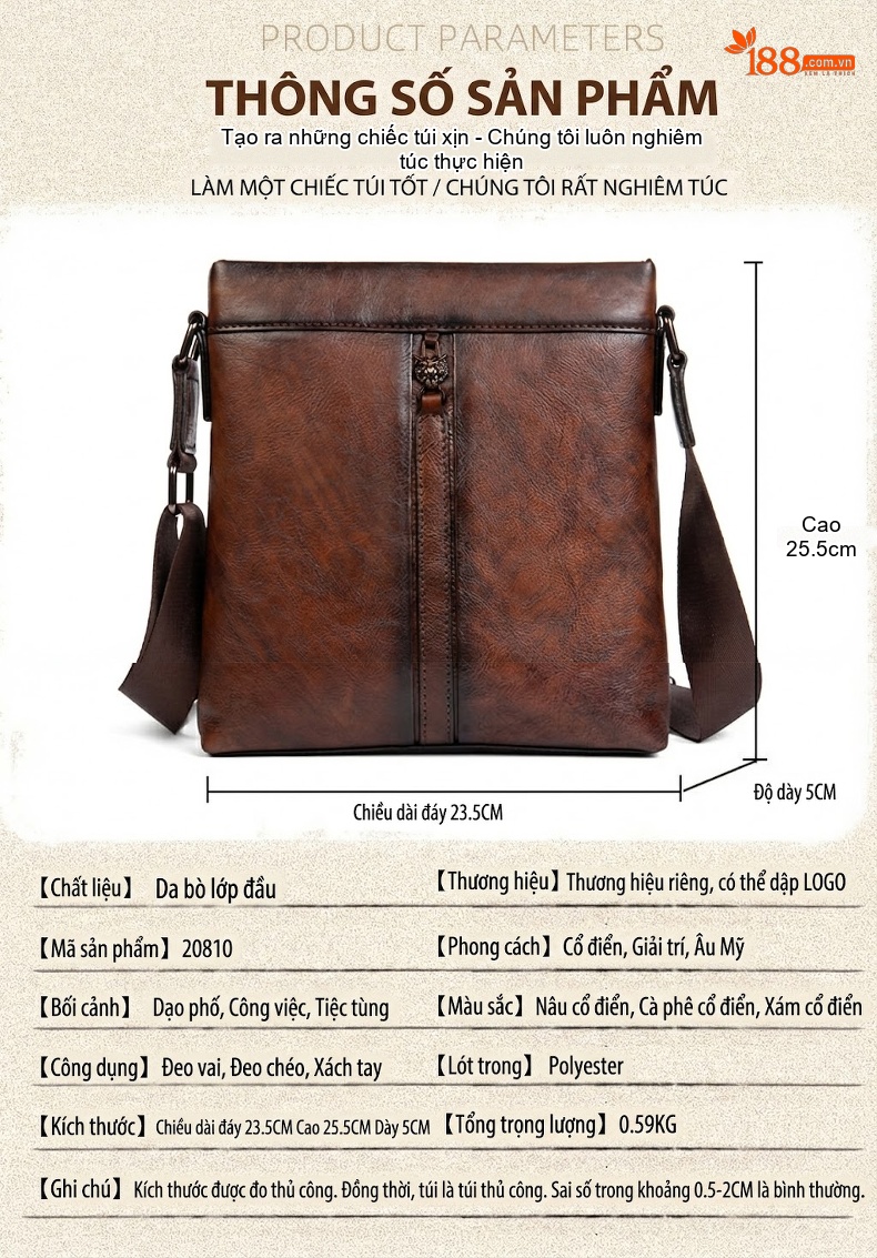 Túi Đeo Chéo Nam Nữ Da Bò Vintage Đựng Ipad Màu Nâu, Đen, Đỏ chi tiết 4