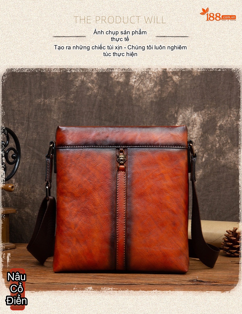 Túi Đeo Chéo Nam Nữ Da Bò Vintage Đựng Ipad Màu Nâu, Đen, Đỏ chi tiết 5
