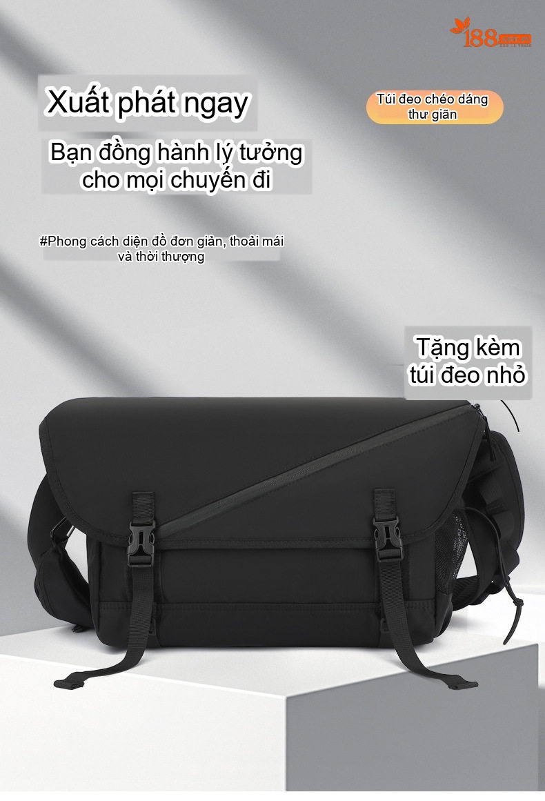 Túi Đeo Chéo Nam/Nữ Đa Năng Chống Thấm Nước Phong Cách Tối Giản Màu Đen chi tiết 3