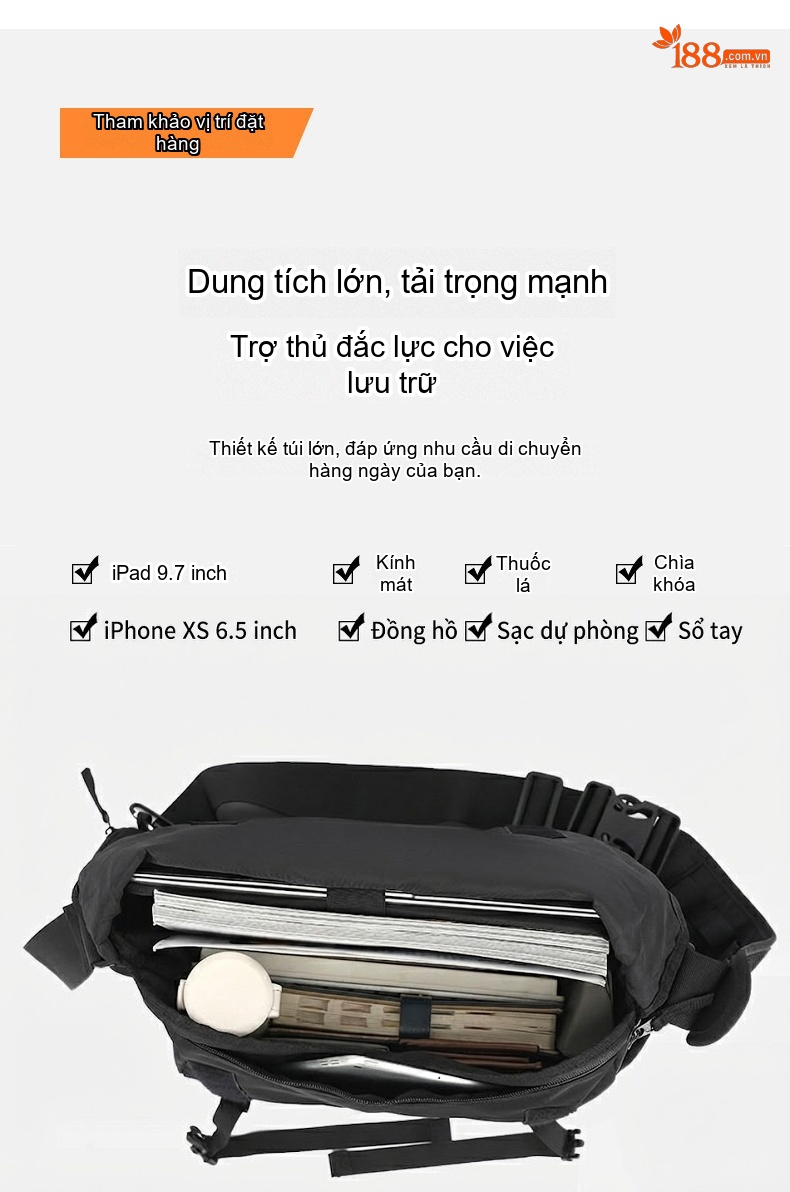 Túi Đeo Chéo Nam/Nữ Đa Năng Chống Thấm Nước Phong Cách Tối Giản Màu Đen chi tiết 14