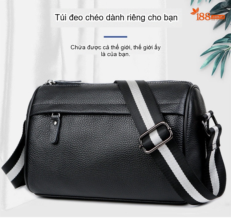 Túi Đeo Chéo Nam Nữ Da Thật Dáng Trống Đeo Vai Màu Đen chi tiết 1