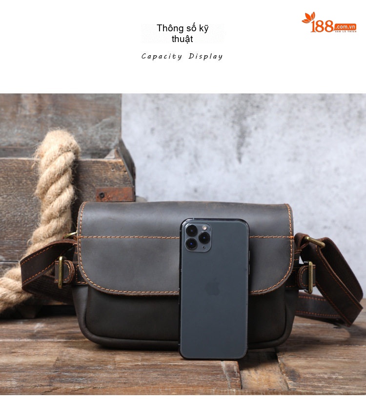 Túi Đeo Chéo Nam Nữ Da Thật Khóa Kéo Kiểu Dáng Retro Màu Nâu, Đen chi tiết 11