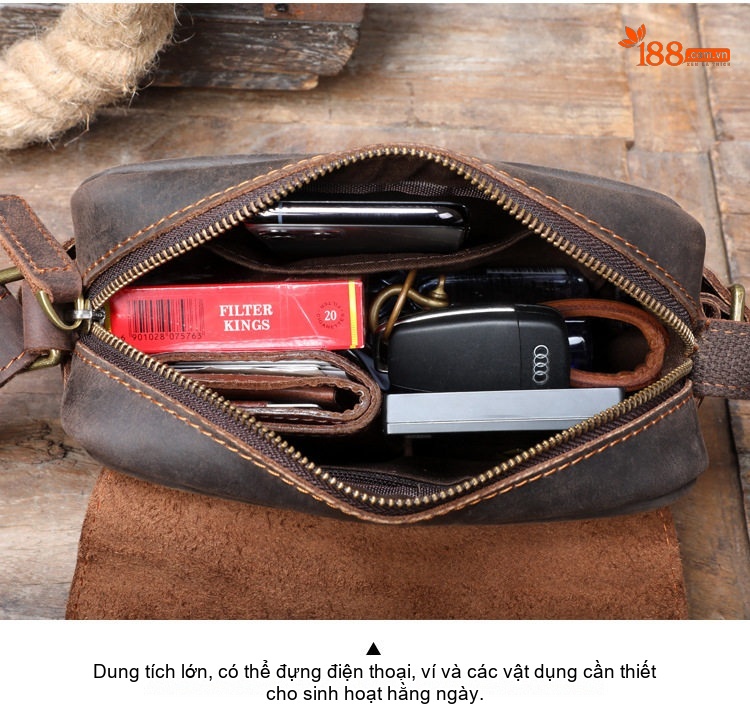 Túi Đeo Chéo Nam Nữ Da Thật Khóa Kéo Kiểu Dáng Retro Màu Nâu, Đen chi tiết 13