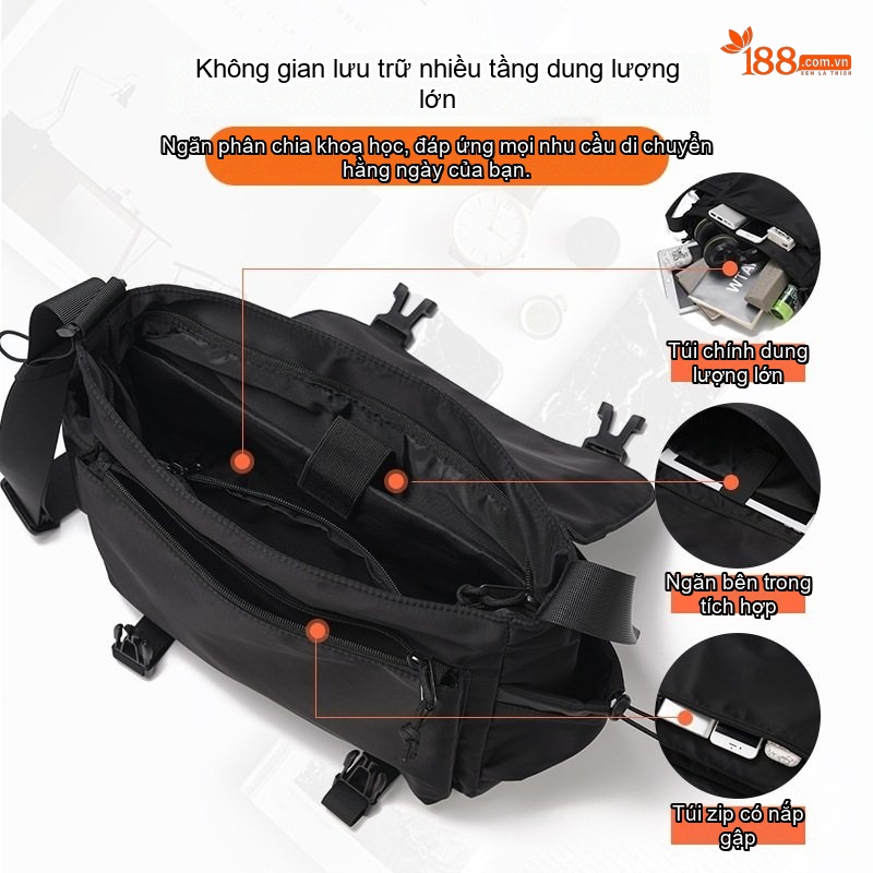 Túi Đeo Chéo Nam Nữ Phong Cách Đường Phố, Túi Ipad, Túi Đựng Sách Vải Dù Chống Thấm Nước Màu Đen