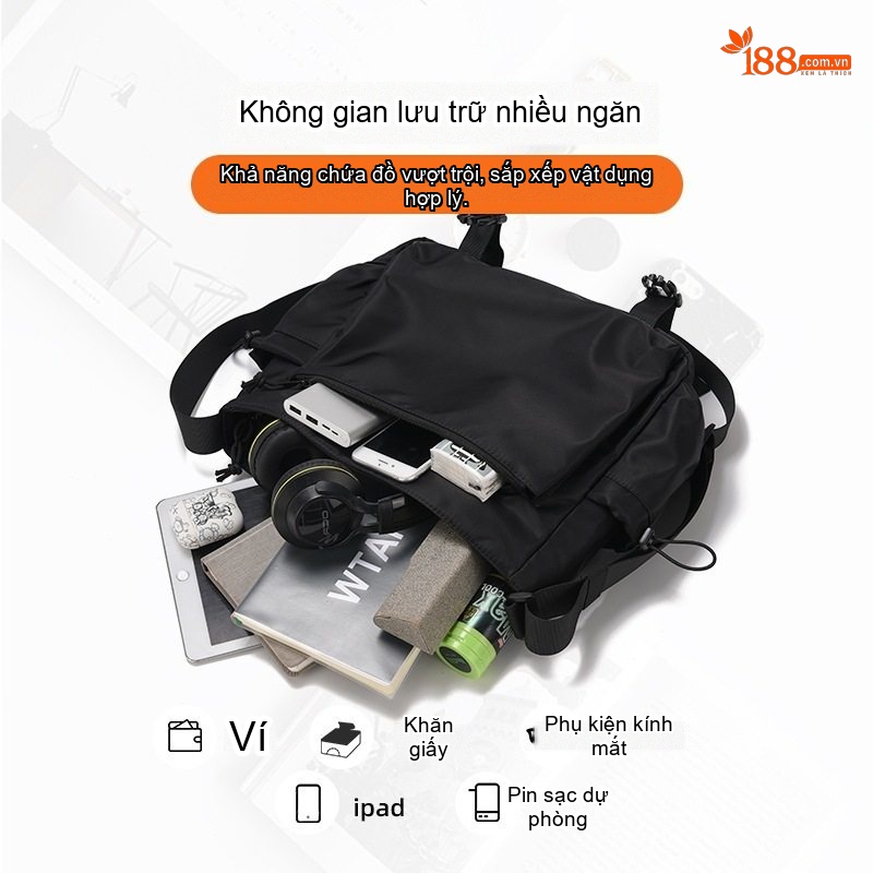 Túi Đeo Chéo Nam Nữ Phong Cách Đường Phố, Túi Ipad, Túi Đựng Sách Vải Dù Chống Thấm Nước Màu Đen