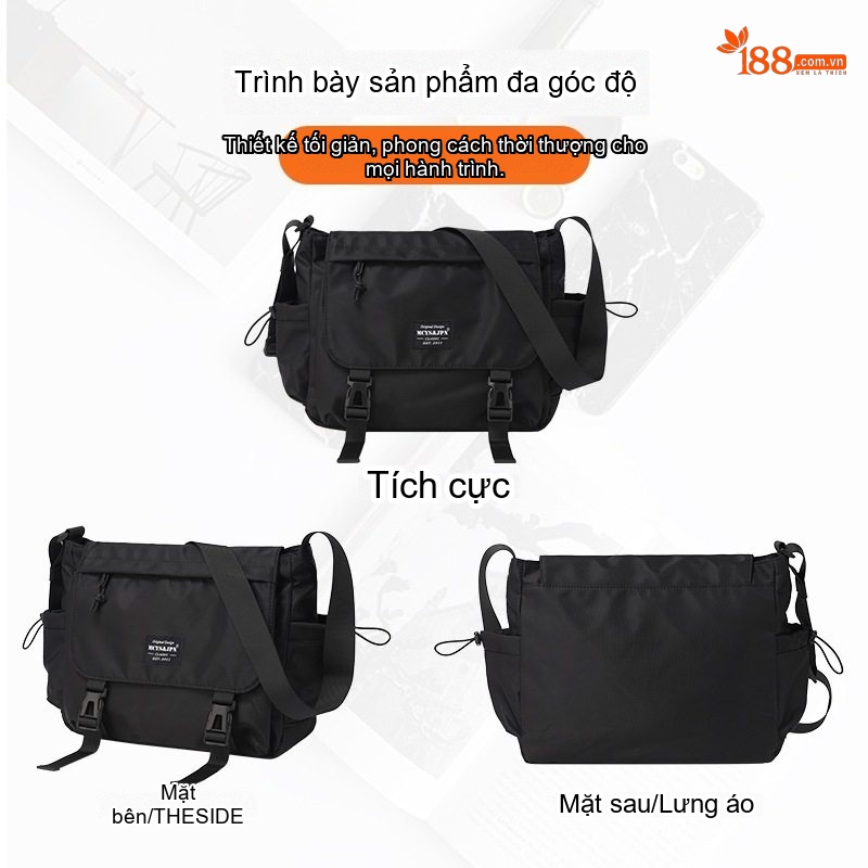 Túi Đeo Chéo Nam Nữ Phong Cách Đường Phố, Túi Ipad, Túi Đựng Sách Vải Dù Chống Thấm Nước Màu Đen