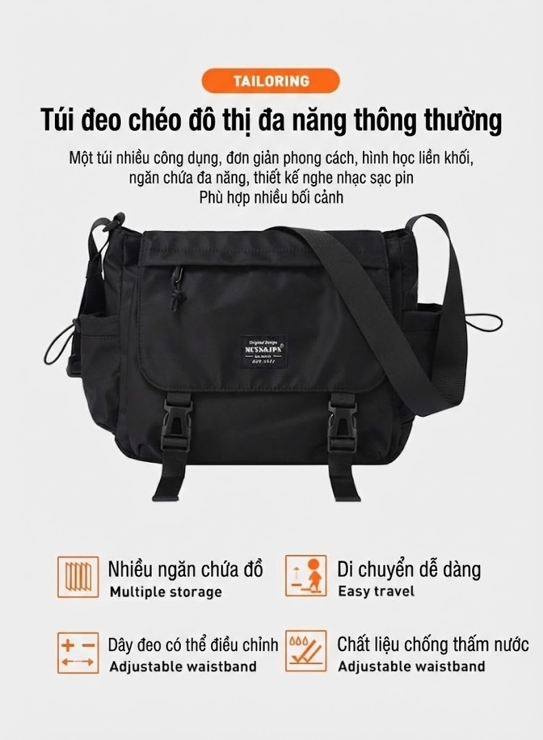 Túi Đeo Chéo Nam Nữ Phong Cách Đường Phố, Túi Ipad, Túi Đựng Sách Vải Dù Chống Thấm Nước Màu Đen chi tiết 3