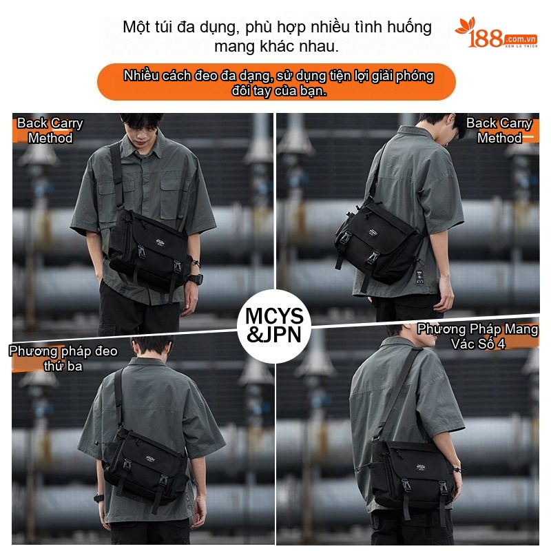 Túi Đeo Chéo Nam Nữ Phong Cách Đường Phố, Túi Ipad, Túi Đựng Sách Vải Dù Chống Thấm Nước Màu Đen chi tiết 4