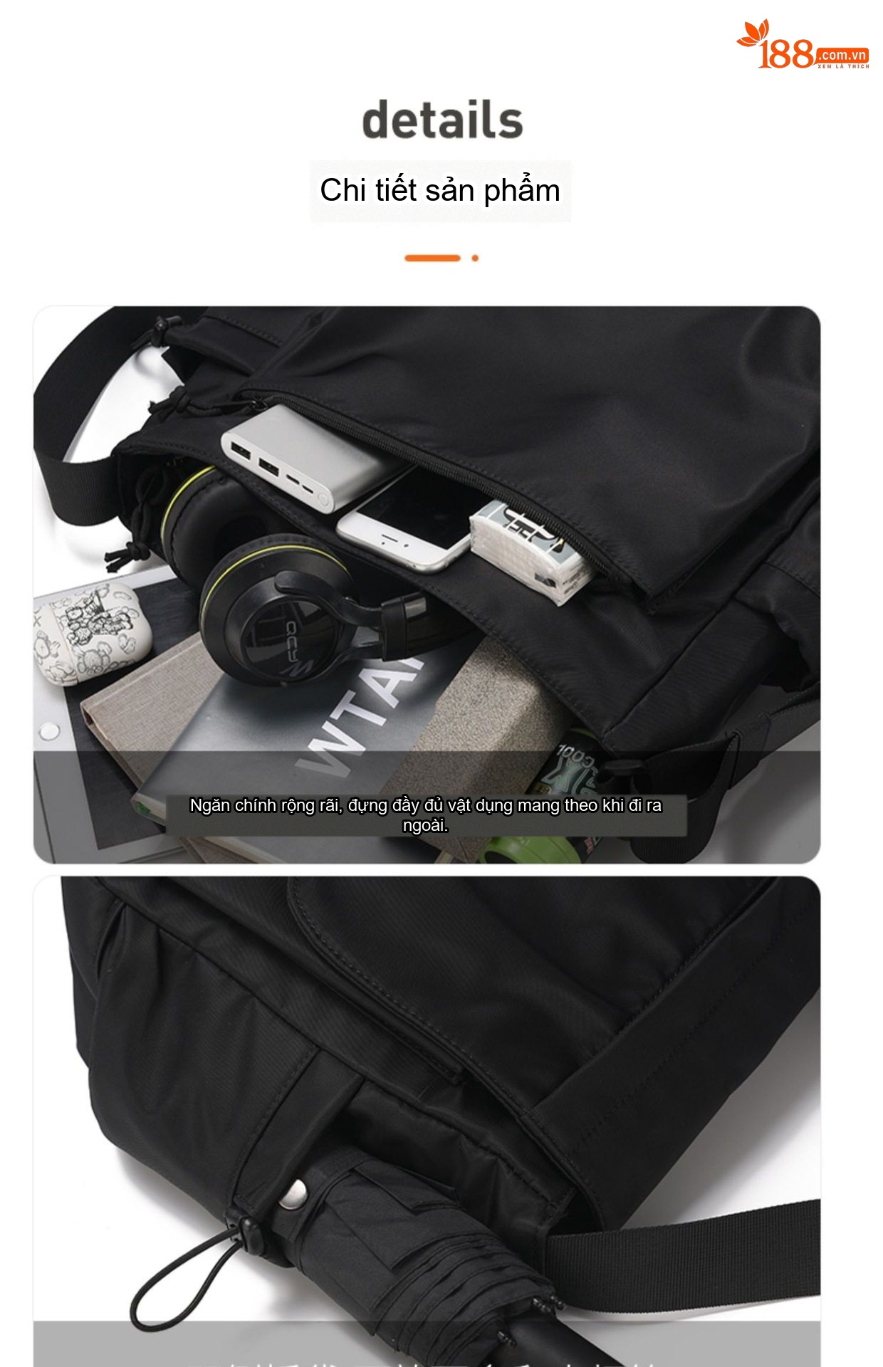 Túi Đeo Chéo Nam Nữ Phong Cách Đường Phố, Túi Ipad, Túi Đựng Sách Vải Dù Chống Thấm Nước Màu Đen chi tiết 16