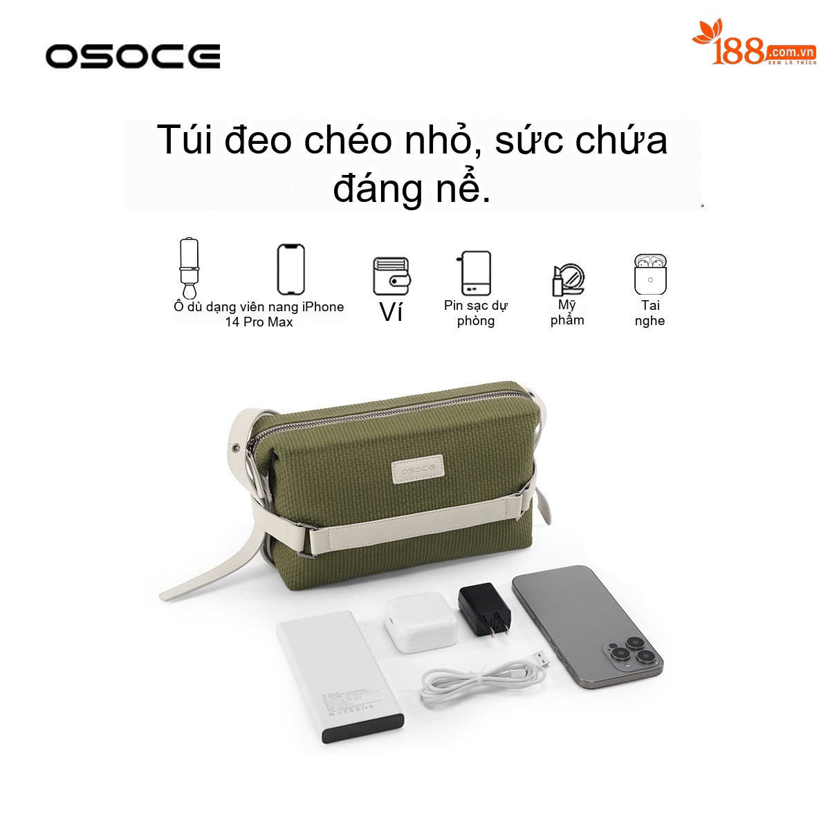 Túi Đeo Chéo Nam/Nữ Vải Dệt Kiểu Dáng Vuông Nhỏ Màu Xanh Olive, Kem