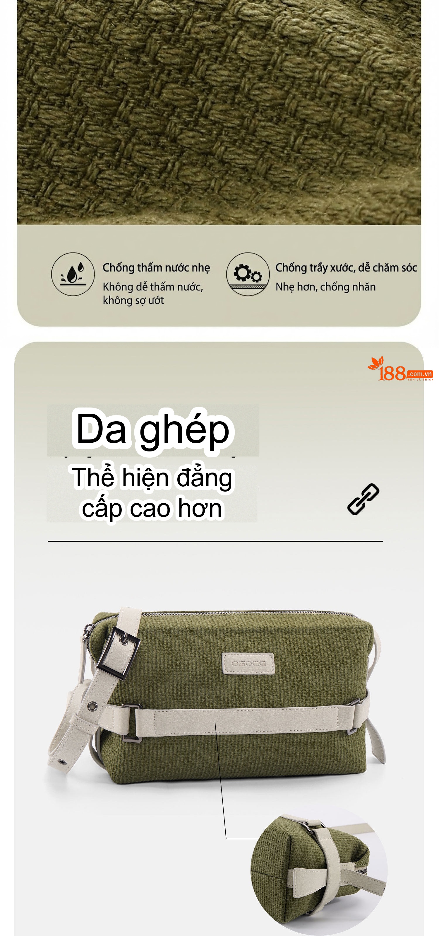 Túi Đeo Chéo Nam/Nữ Vải Dệt Kiểu Dáng Vuông Nhỏ Màu Xanh Olive, Kem chi tiết 3