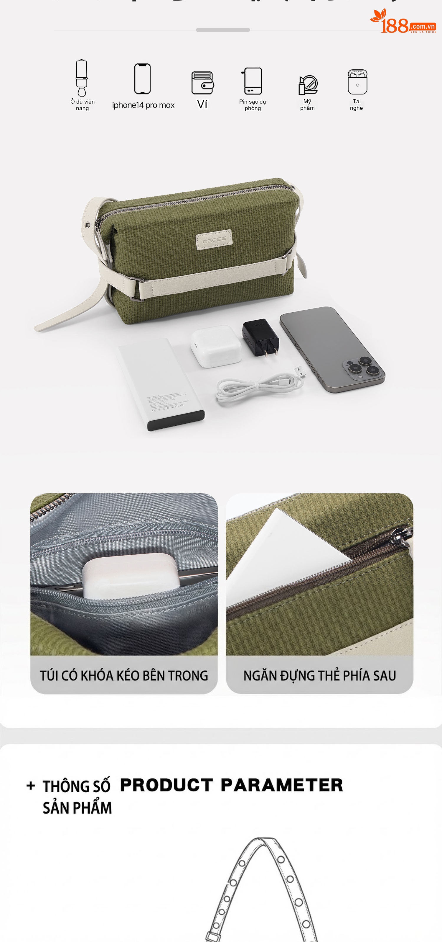 Túi Đeo Chéo Nam/Nữ Vải Dệt Kiểu Dáng Vuông Nhỏ Màu Xanh Olive, Kem chi tiết 6